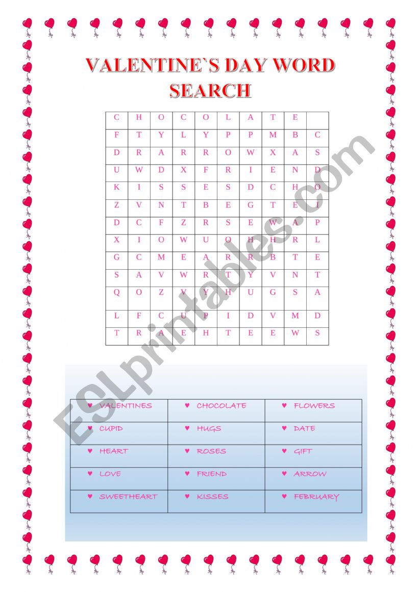 Valentine`s day word search worksheet